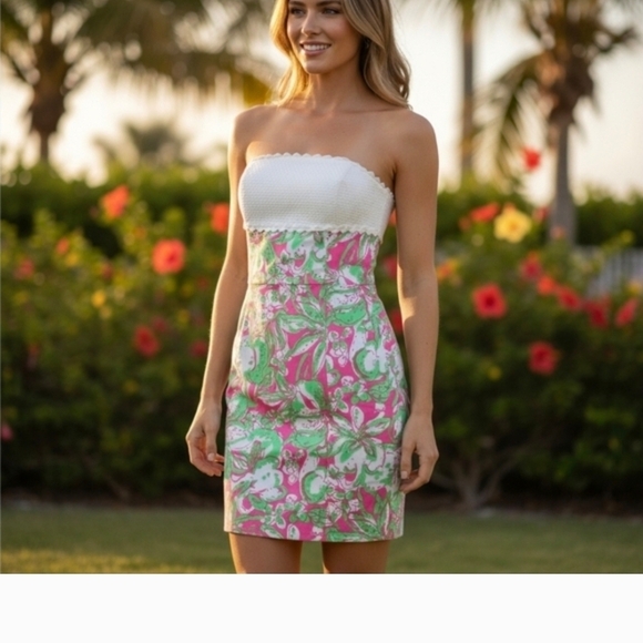 Lilly Pulitzer Dresses & Skirts - Lilly Pulitzer Cotton White Strapless Dress with Pink & Green Floral Print 2